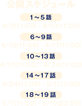 公開スケジュール
                      1～5話：2026/4/3(金)11:00～2026/4/10(金)11:00
                      6～9話：2026/4/10(金)11:00～2026/4/17(金)11:00
                      10～13話：2026/4/17(金)11:00～2026/4/24(金)11:00
                      14～17話：2026/4/24(金)11:00～2026/5/1(金)11:00
                      18～19話：2026/5/1(金)11:00～2026/5/10(日)23:59